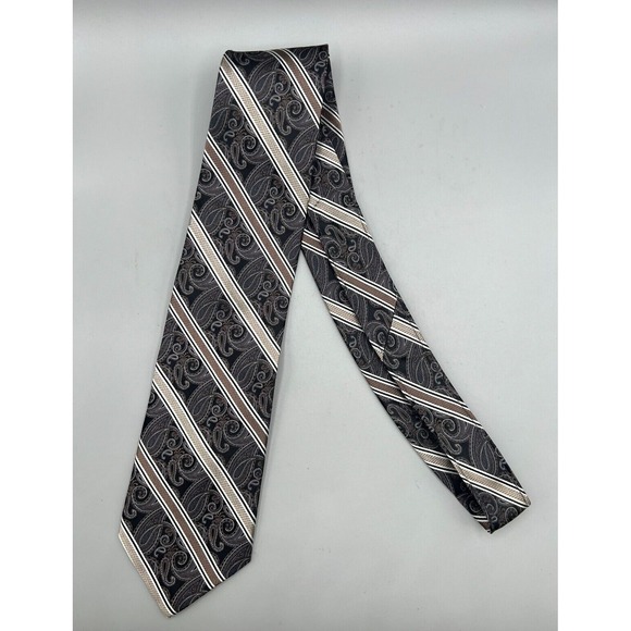 PRONTO UOMO 100% Silk Necktie Paisley Striped Black Brown Stripe L:60" W:3.75" - Picture 8 of 10
